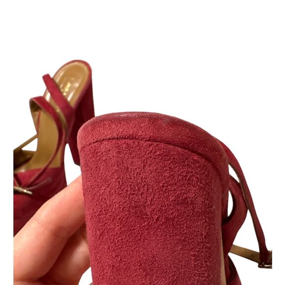 Aquazzura Mira Red Suede Platform Heels IT 37.5 US 7.5 Block Slingback Sandals - Picture 13 of 15